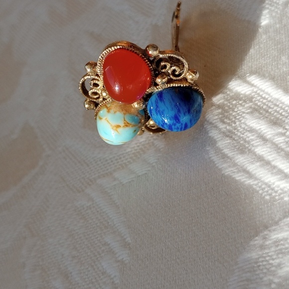 1960s Gold toned, Faux turquoise , Carnelian lapis lazuli Stones Cabochons Glass - Picture 2 of 7